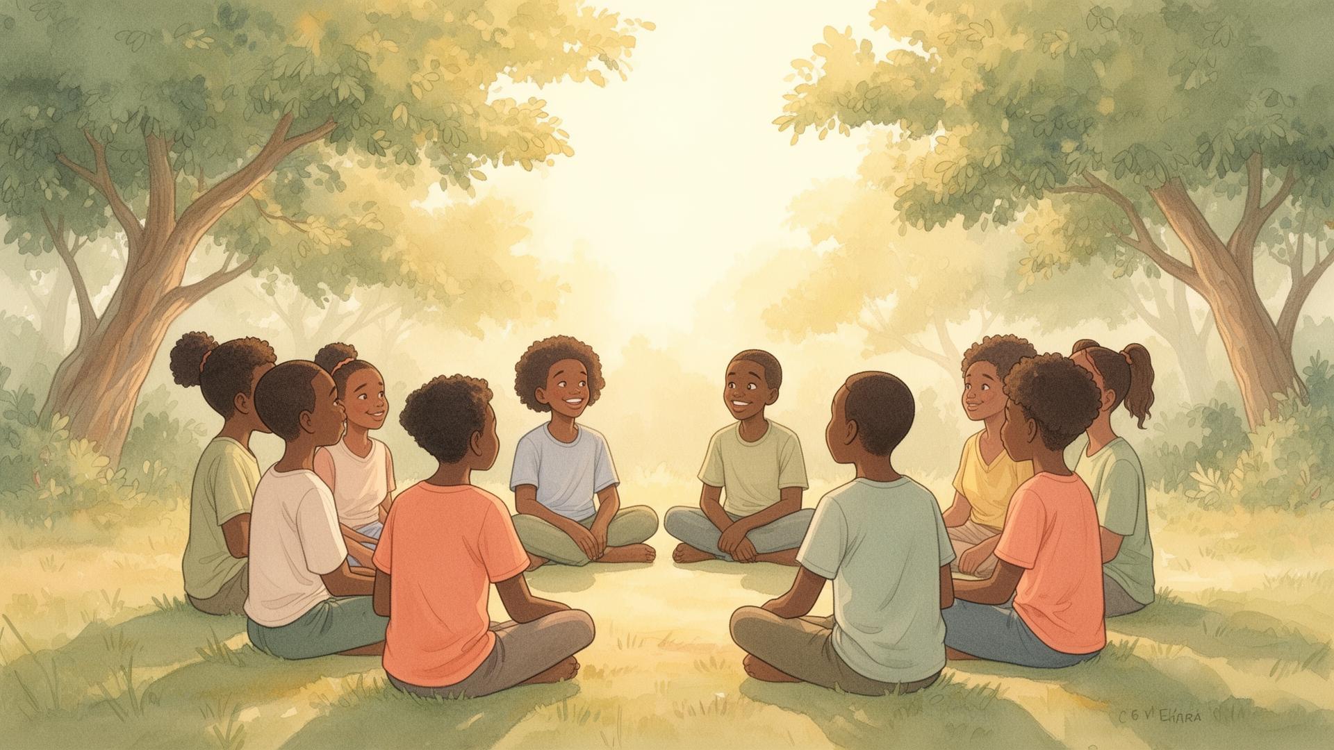 Youth sitting together in a supportive circle under warm sunlight